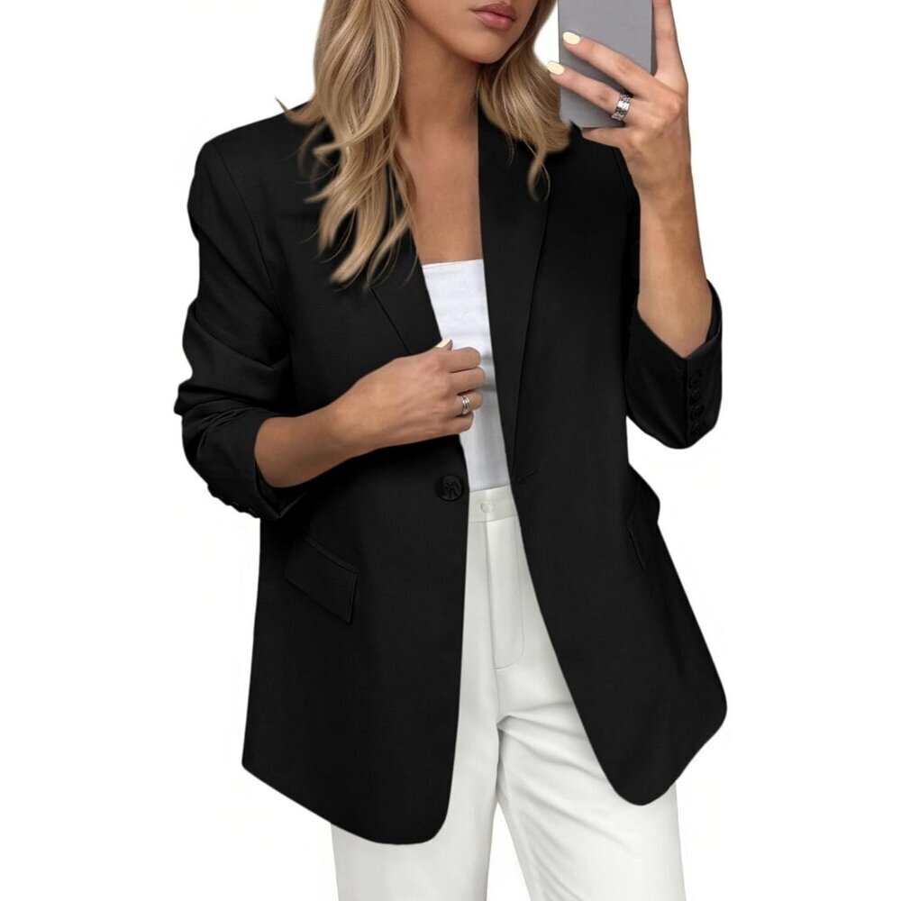 Women's Black Blazers Business Casual Outfits Spring Open Front Long Sleeve